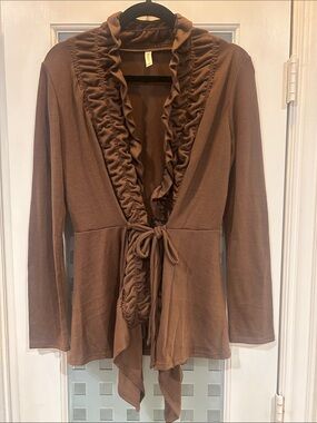 Emerald Ruffled Open-Front Tie-Waist Women's Top - Brown